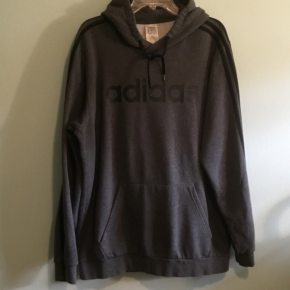 adidas Charcoal Gray Pullover Hoodie with Three-Stripe Detail